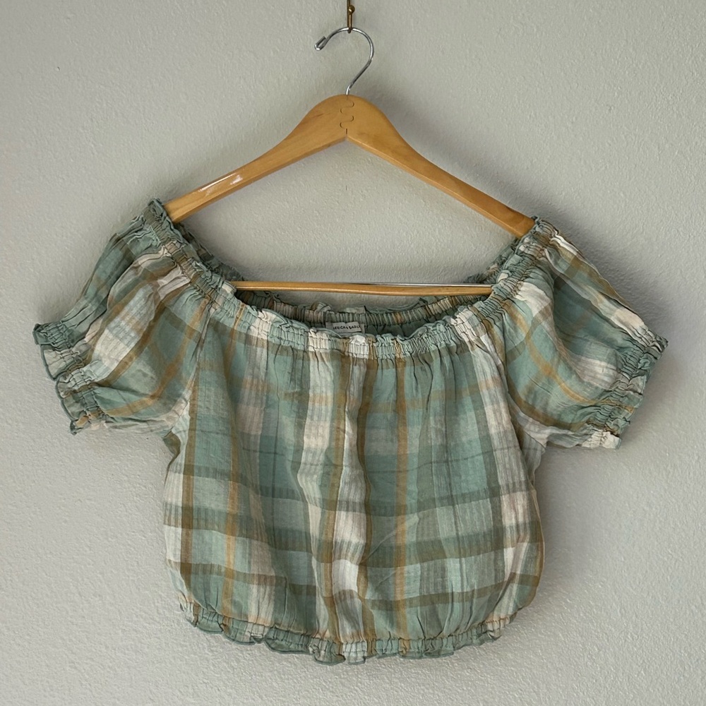 AE Summer Cropped Peasant Rouched Green Plaid Off-Shoulder Blouse (Size M)